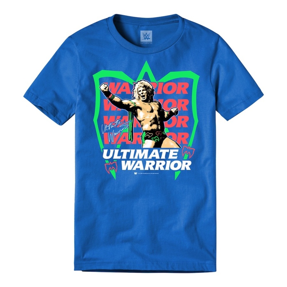 NEW Md‎ WWE Men's Blue Ultimate Warrior Neon T-Shirt Signature Tee Wrestling WWF